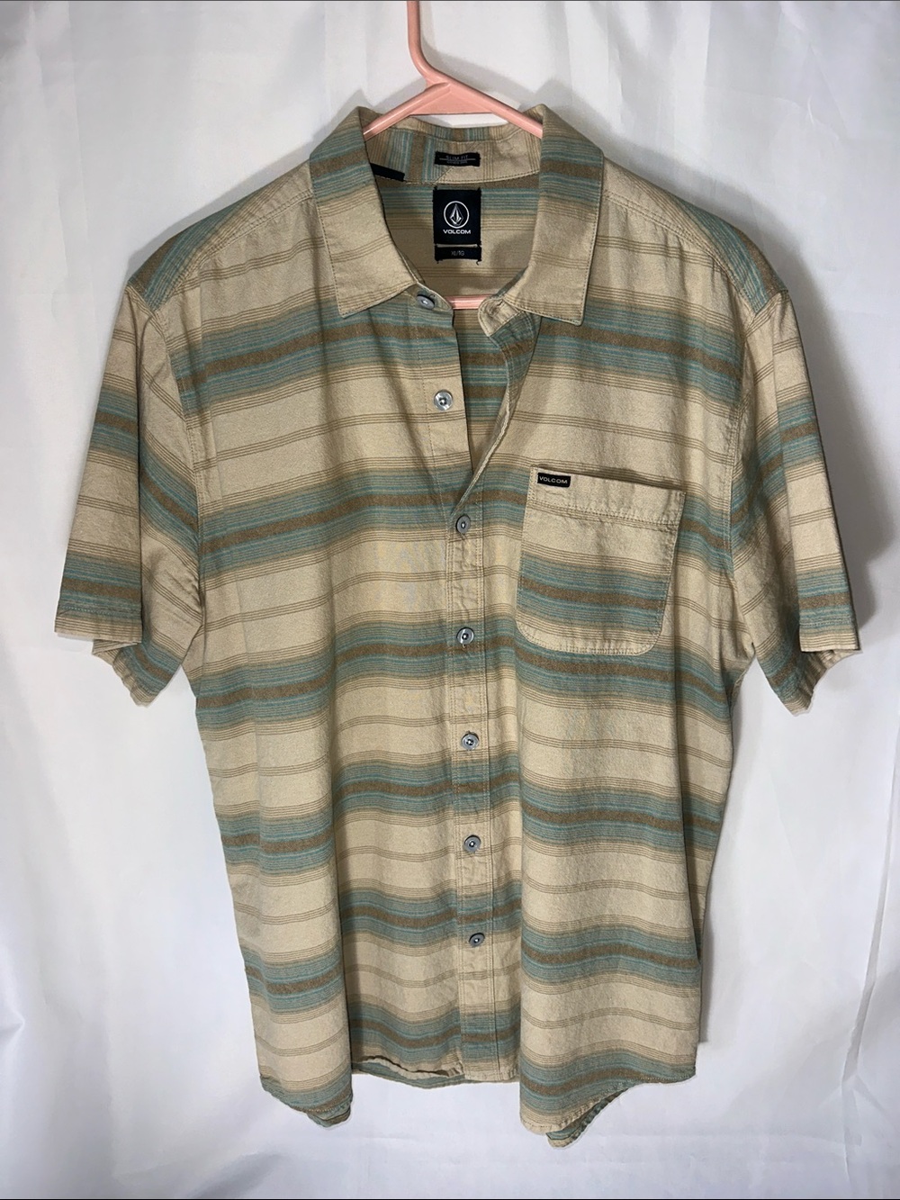 Volcom Men’s XL Slim Fit Striped Button Shirt Beige Blue Cotton Short Sleeve